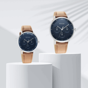 Titan Modern Bandhan Blue Dial Quartz Multifunction Leather Strap watch for Couple